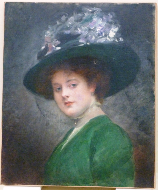 Portrait de Hortense Bücher coiffée d'un grand chapeau