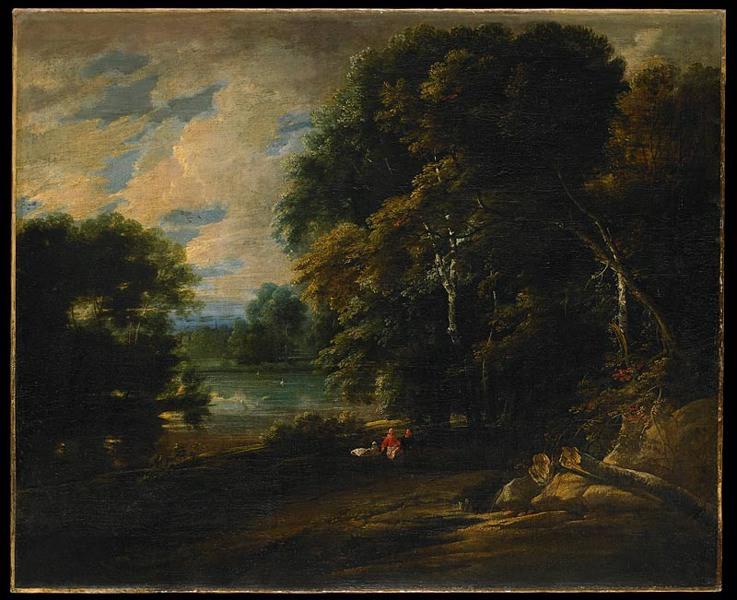 Paysage ; forêt et étang avec deux figures et des cygnes