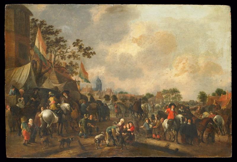 Campement de cavalerie aux abords d'un village