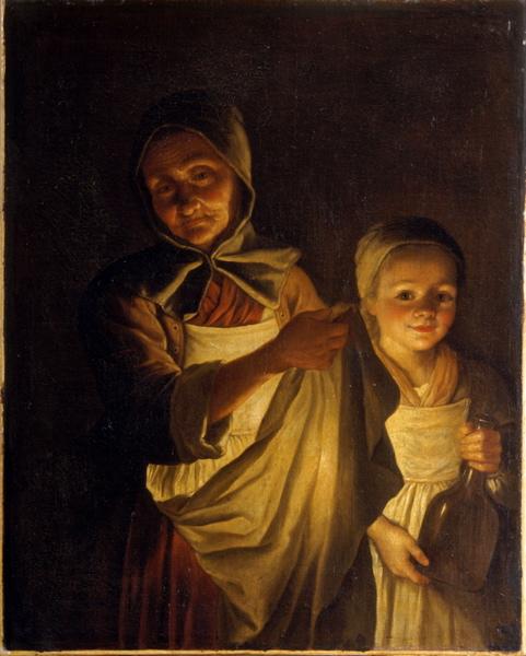 Vieille femme descendant à la cave