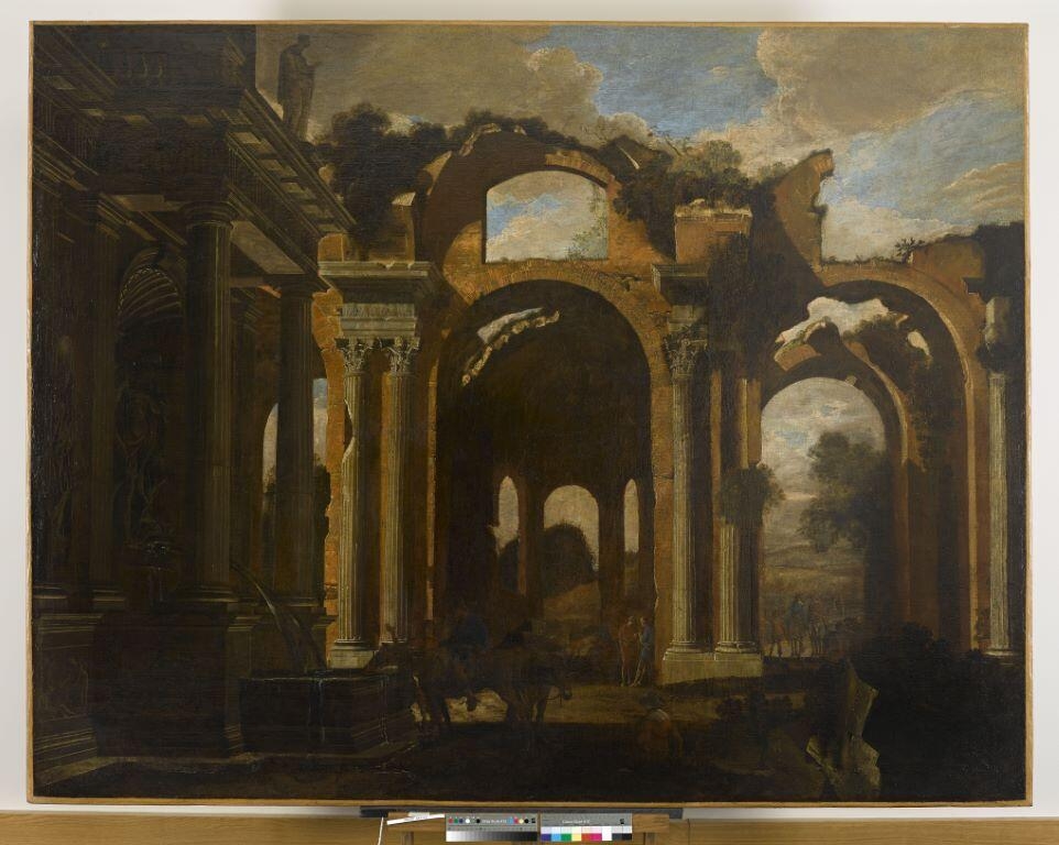 Vue de la basilique de Maxence et Constantin et d'une fontaine de la Renaissance