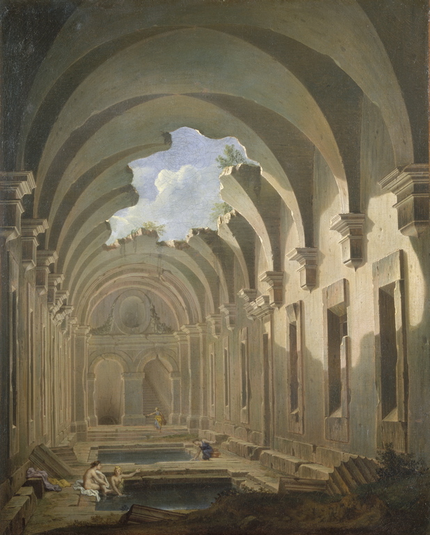 Baigneuses dans des bains romains en ruine