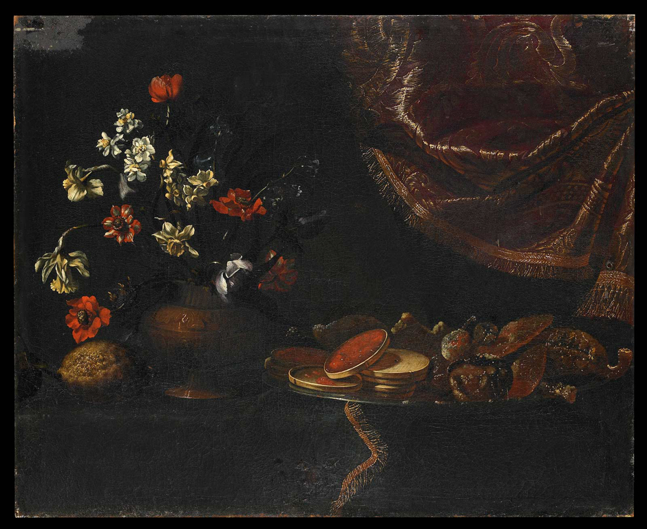 Nature morte, fleurs, citron et plat avec boîtes de gelée et fruits confits