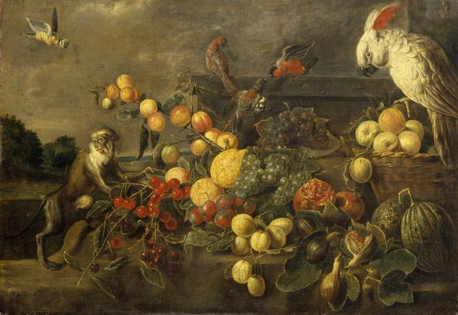 Nature morte aux fruits avec singe et perroquet