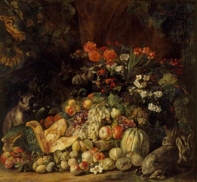 Nature morte aux fruits, fleurs et animaux