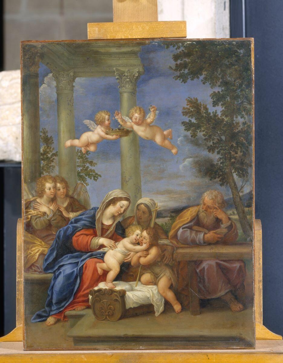 La Sainte Famille avec sainte Élisabeth et saint Jean-Baptiste enfant et des anges