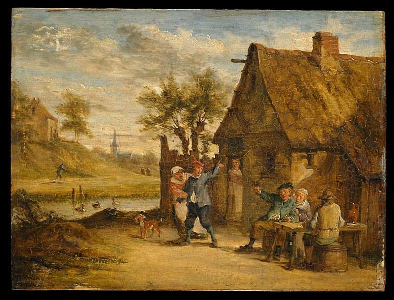 Personnages devant une auberge