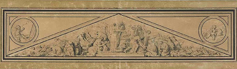 Deux médaillons allégoriques représentant la Peinture et la Sculpture par Jean- Honoré Fragonard montés avec le fronton par J.-H Bardin représentant l'allégorie de la Charité