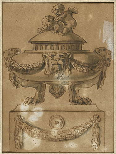 Vase d'ornement avec deux amours et deux mascarons