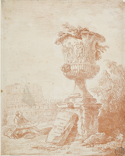Hubert Robert dessinant un vase antique auprès du Colisée