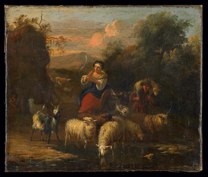 Troupeau de moutons et de chèvres accompagné d'un berger et d'une bergère