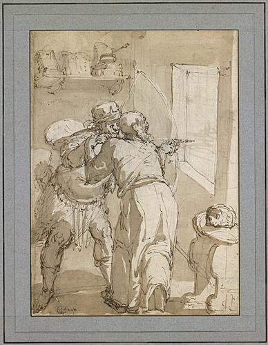 Scène d'intérieur avec un vieillard aidant un archer à tirer une flèche