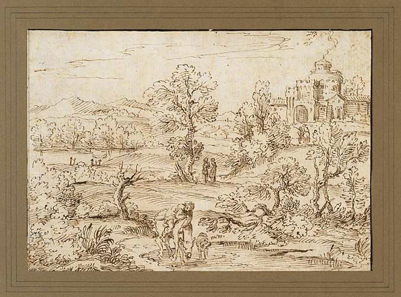 Rivière avec un cavalier faisant boire son âne