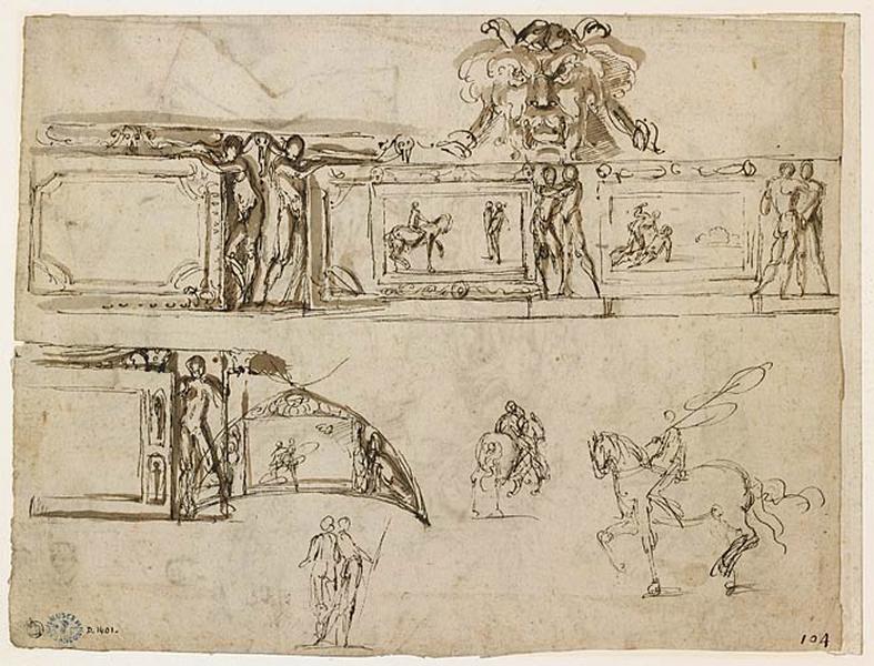 Frise décorative et esquisses de cavaliers (recto) ; Etudes diverses (verso)
