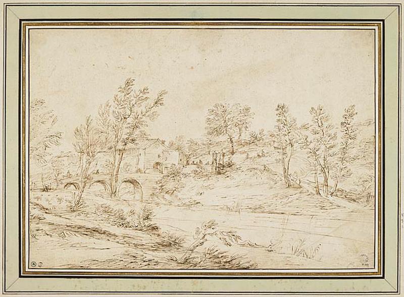 Paysage avec un pont et une femme au bord d'une rivière