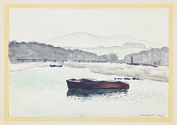 Hendaye, barque brune et mer vert-jade