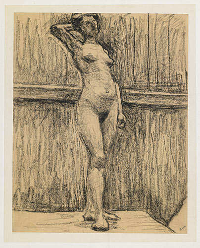 Le modèle nu, de face, le bras droit levé