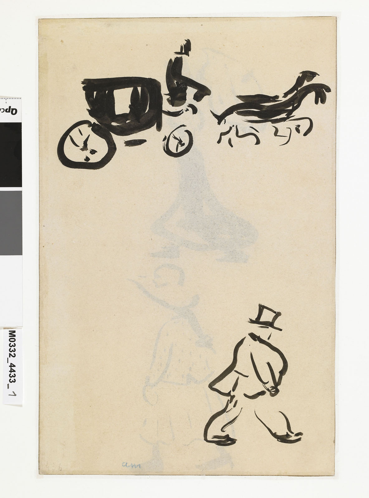 Dame à l'ombrelle et petite fille (recto) ; Fiacre, homme marchant (verso)