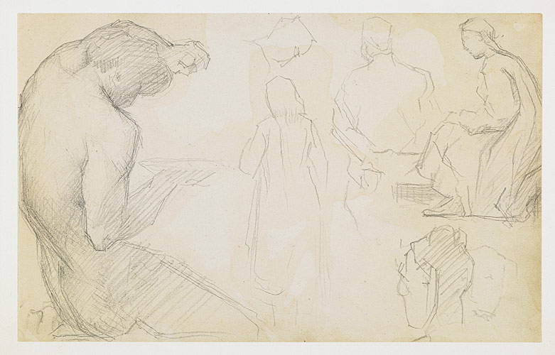 Page de croquis : Satyre d'après Poussin et autres figures
