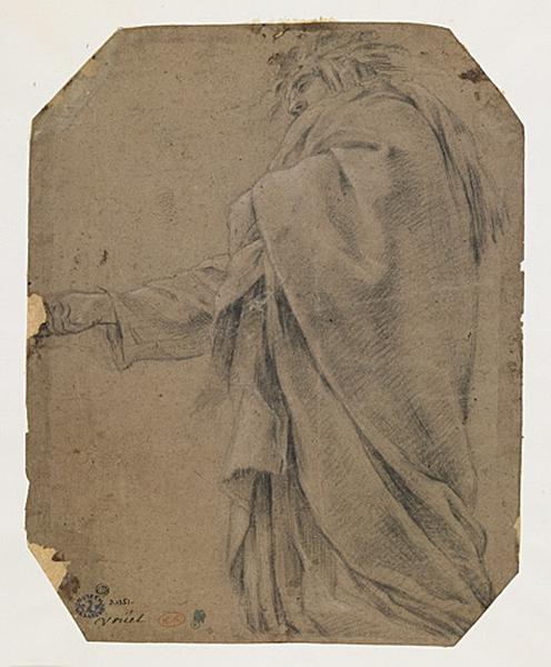 Figure drapée, vue de profil à gauche, la tête couronnée de feuillage