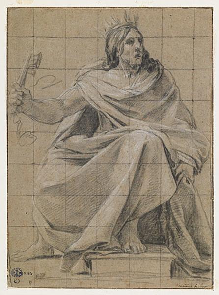 Etude d'un personnage couronné assis et tenant des clefs dans sa main droite levée