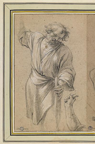 Homme debout vu de face s'apprêtant à enfoncer un pieu ((?))