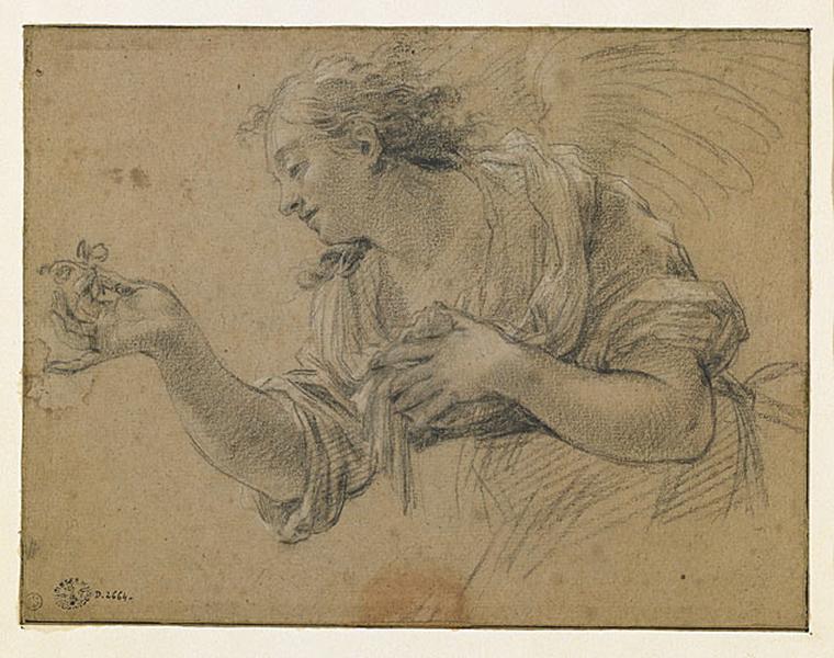 Ange tourné vers la gauche, tendant un fruit