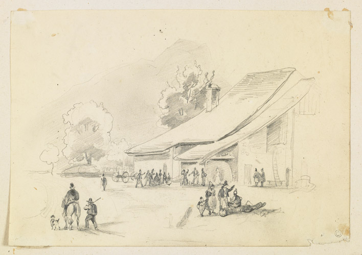 Maison de ferme au grand toit ; Groupe de paysans devant une ferme