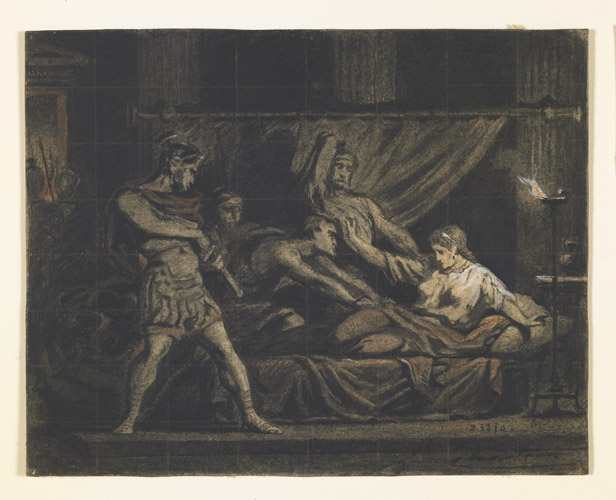 Soldats menaçant une femme étendue (recto) ; Homme agenouillé suppliant une femme (verso)