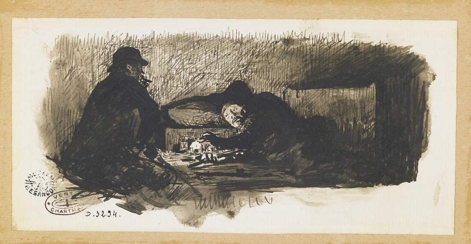 Deux hommes : l'un assis par terre fume un cigare, l'autre couché dans une soupente