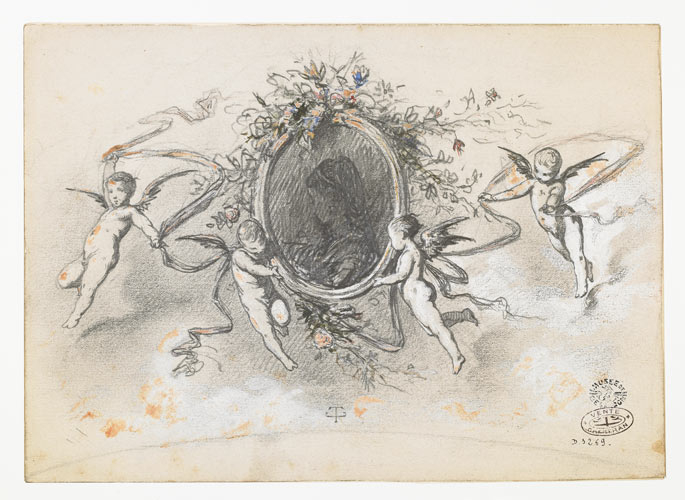 Amours soutenant un cadre fleuri