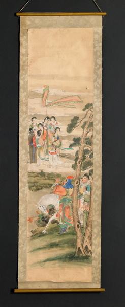 Peinture sur soie Apparition céleste au cours d'une randonnée à cheval