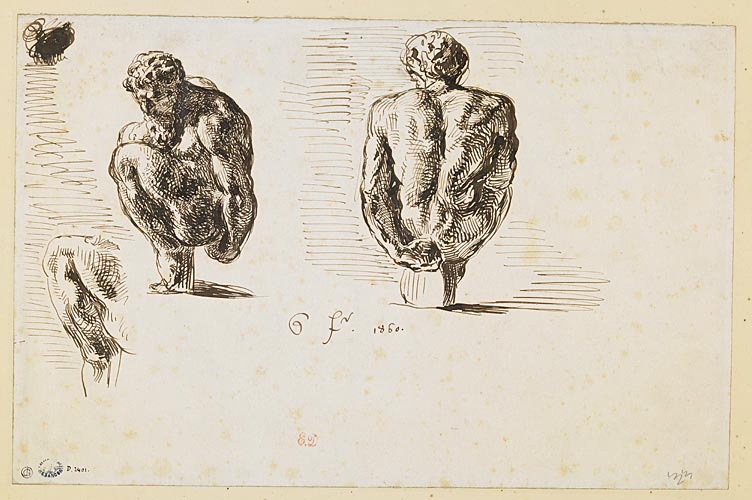 Deux études d'un homme nu assis d'après une lampe à huile en bronze en forme de satyre par Andrea Riccio