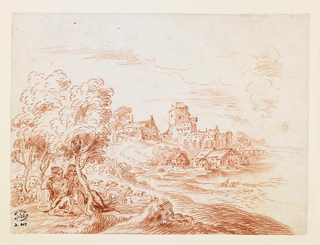 Paysage avec musiciens assis sous des arbres