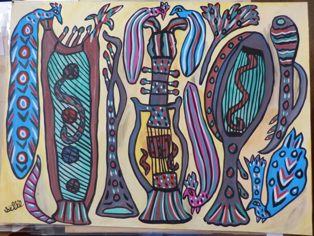 Chant oriental. Composition avec instruments de musique et oiseaux