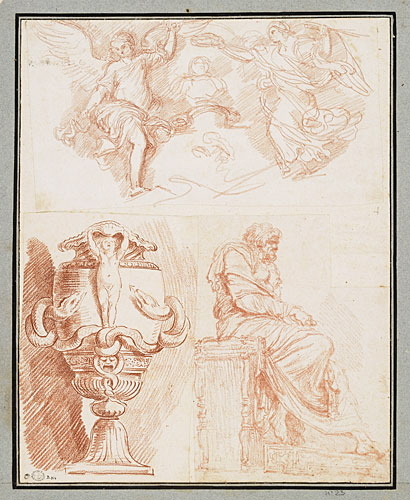 Un buste couronné par un Génie et une Renommée ; Vase antique avec putto, orné de serpents ; Statue d'un homme en toge assis sur un trône, vue de profil