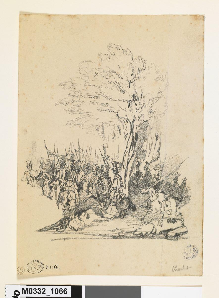 Une troupe de uhlans défile auprès d'un arbre