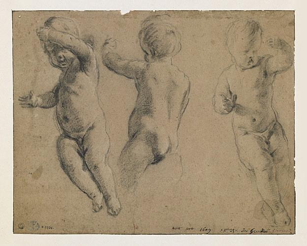 Trois études d'un jeune enfant assis, le bras gauche levé