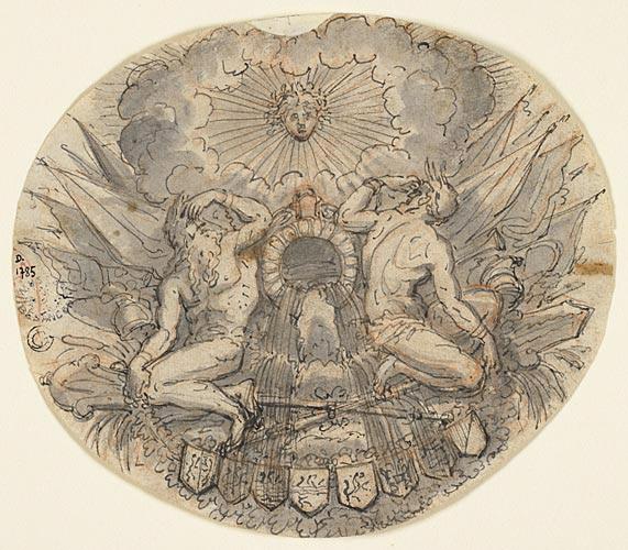 Composition allégorique : le soleil éblouit deux hommes agenouillés (divinités ?) sur des rames et enchainés au déversoir d'où jaillit de l'eau, à droite et à gauche des trophées et des étendards, en bas une série d'armoiries