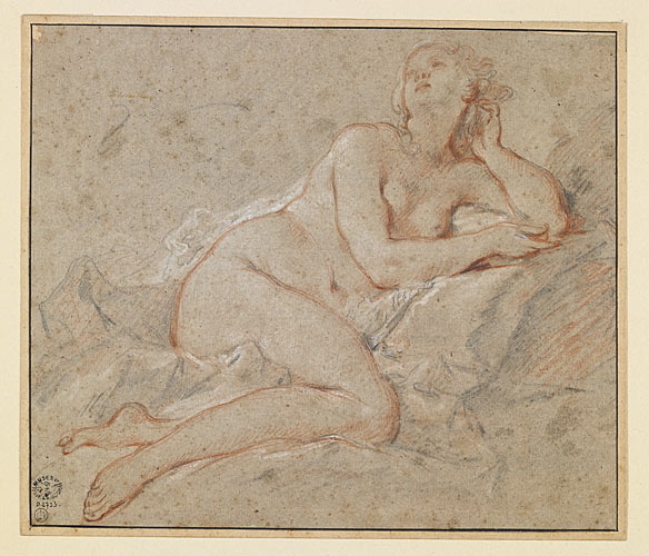 Etude de jeune femme nue couchée supportant sa tête avec son bras gauche