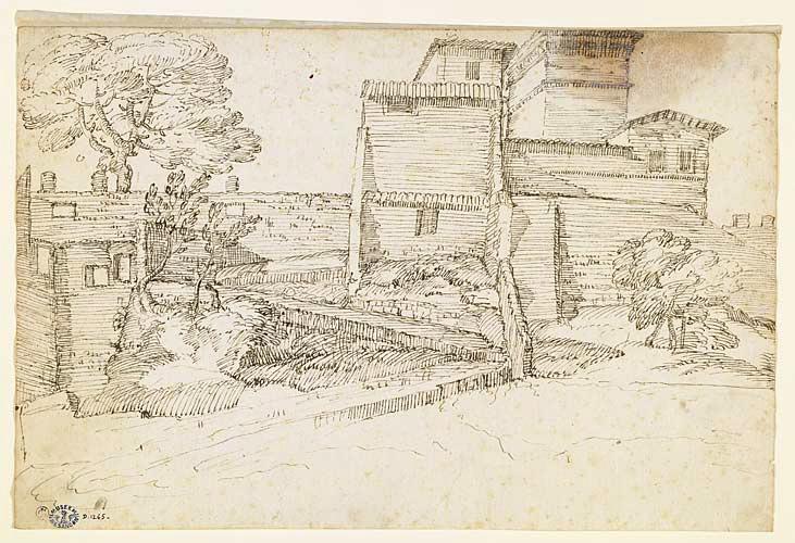 Paysage avec un grand bâtiment (recto) ; Paysage avec une tour et un pont (verso)