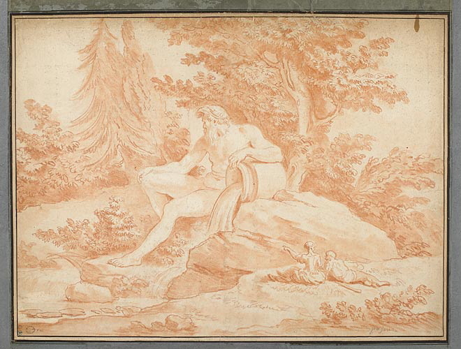 Paysage avec deux personnages contemplant la statue colossale d'un dieu-fleuve