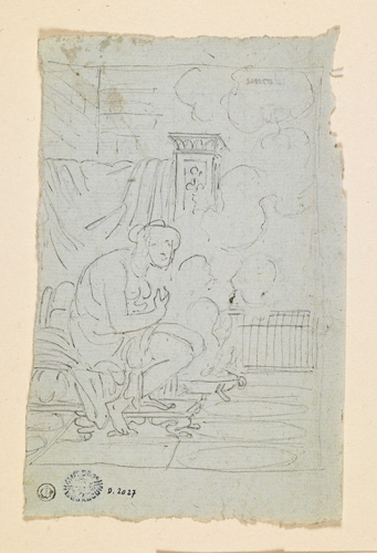Croquis d'une femme assise ou femme à sa toilette (recto) ; Etude d'architecture intérieure (verso)