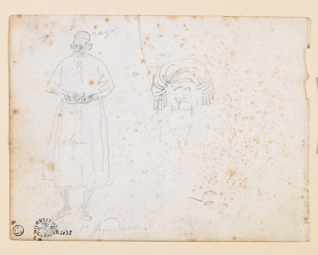 Croquis : un homme vêtu à l’orientale, debout et une tête d’homme