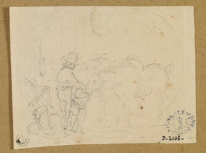 Palefrenier nourrissant des chevaux