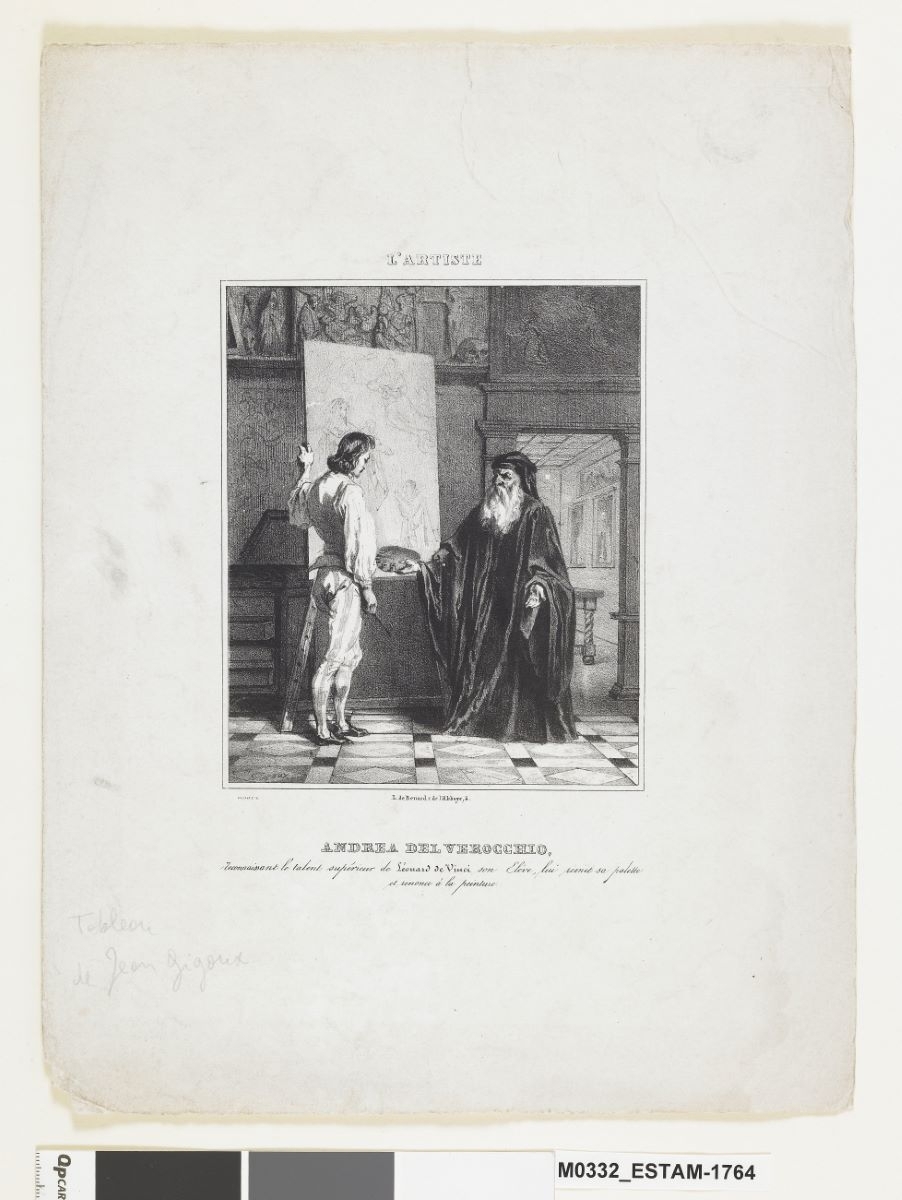 Andrea del Verrochio reconnaissant le talent supérieur de Léonard de Vinci son élève, lui remet sa palette et renonce à la peinture