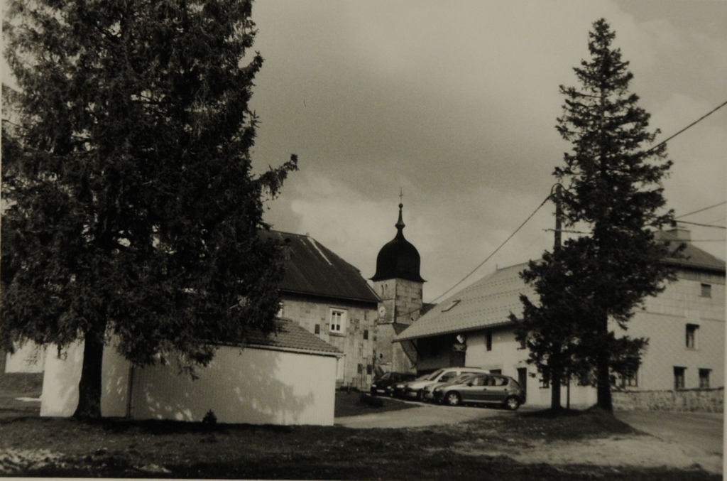 Chapelle-des-Bois 2009, au premier plan à gauche et à droite, un conifère et à l'arrière-plan, vue du village, maisons et clocher de l'église