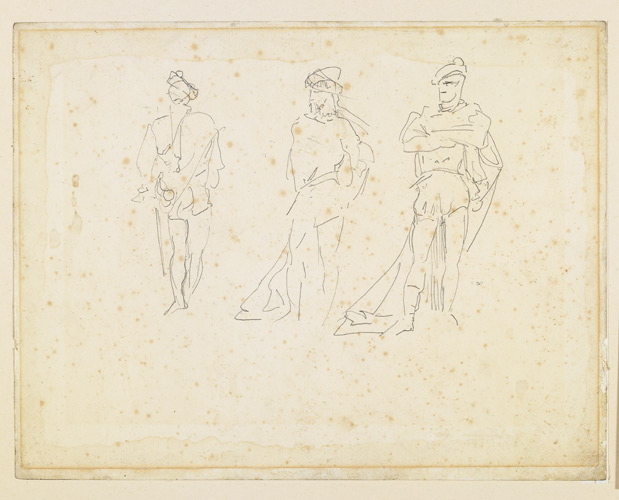 Feuille d'étude : trois croquis de gentilshommes ; Trois études en pied de Mounet Sully dans Hernani