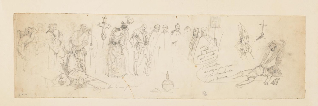 Feuille d'étude pour Les Honneurs funèbres rendus au Titien mort à Venise pendant la peste de 1576 (recto et verso)