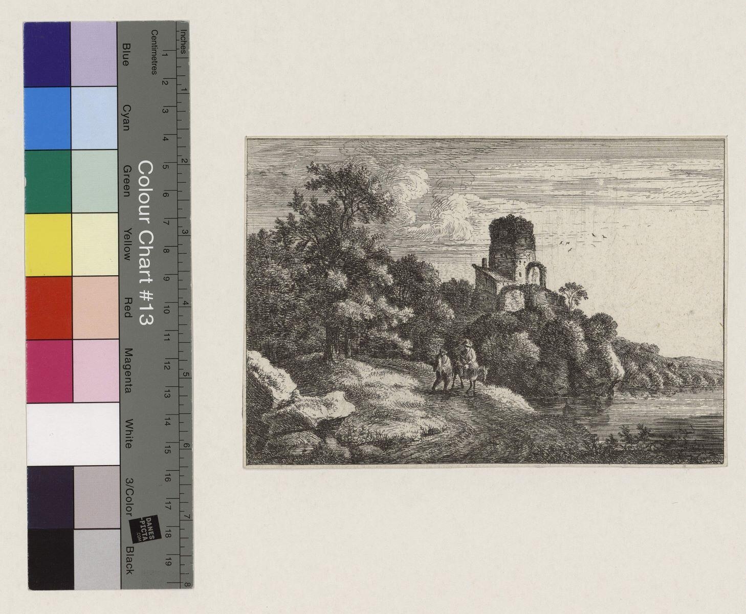 Paysage avec deux hommes marchant sur un chemin au bord d'un cours d'eau, une tour en ruine à l'arrière-plan